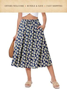 Women's High Waist A-Line Midi Skirt Floral Print with Pockets